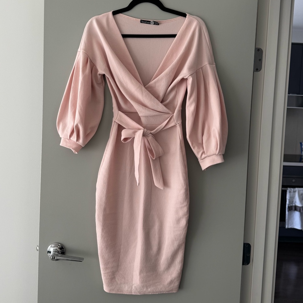 Boohoo OFF THE SHOULDER WRAP MIDI BODYCON DRESS